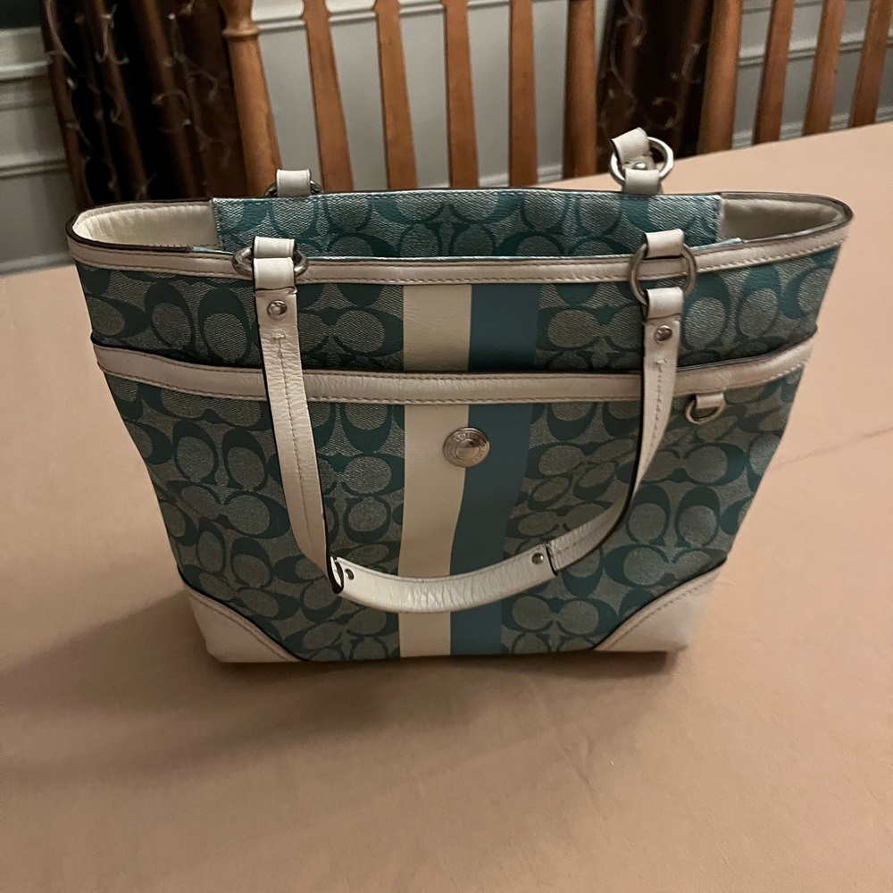 Coach Leather Satchel/ Tote handbag and wallet .  Color is Light Aqua & Ivory